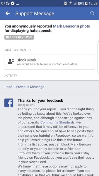 Complaint of post violating guidlines ejected by Facebook