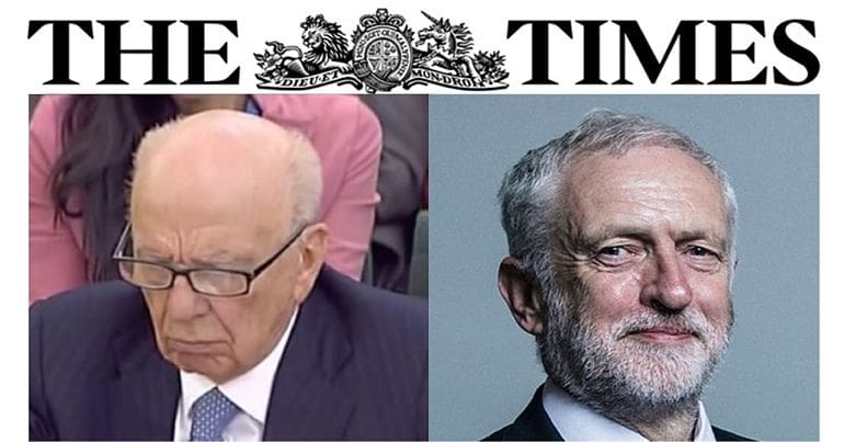 Rupert Murdoch and Jeremy Corbyn and the Times logo