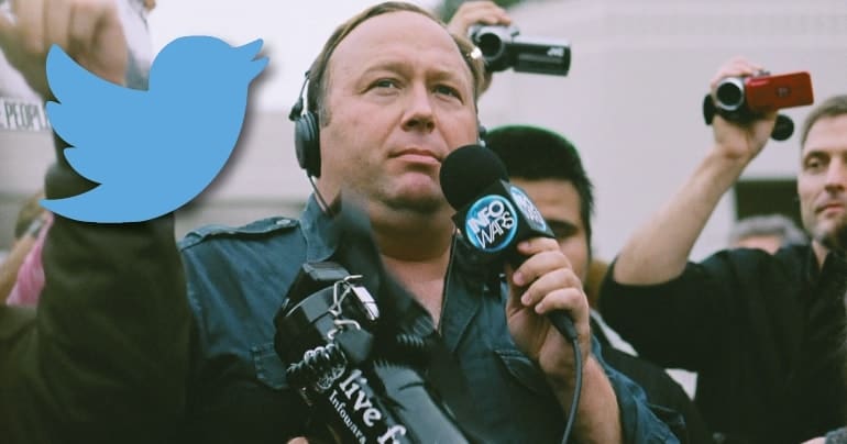 Alex Jones of InfoWars and the Twitter logo