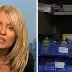 A photo of Esther McVey, a photo of a foodbank