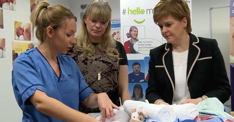 Nicola Sturgeon at the launch of the baby box