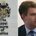 Royal Courts of Justice sign on left side of image, profile headshot of justice secretary David Gauke on right side of image