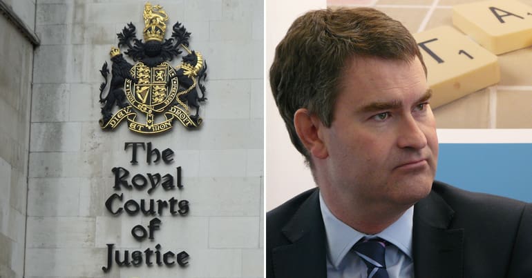 Royal Courts of Justice sign on left side of image, profile headshot of justice secretary David Gauke on right side of image