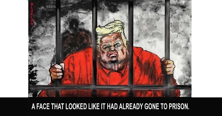 Donald Trump in an orange jumpsuit behind prison bars