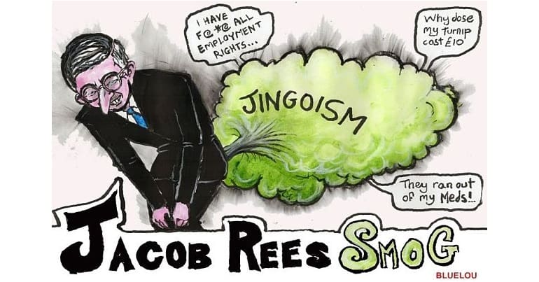 Jacob Rees-Mogg farting 'jingoism' into the face of people post-Brexit. Titled 'Jacob Rees Smog'.