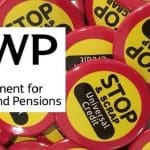 The DWP logo and stop universal credit badges