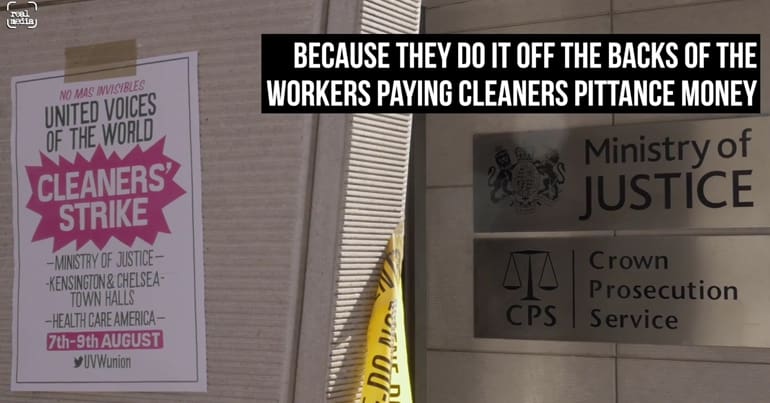 Poster for strike by UVW union at Ministry of Justice
