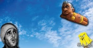 Man looking up at the Sadiq Khan balloon