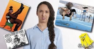 Confused woman surrounded by racist cartoons