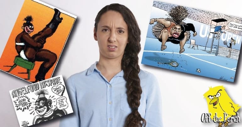 Confused woman surrounded by racist cartoons