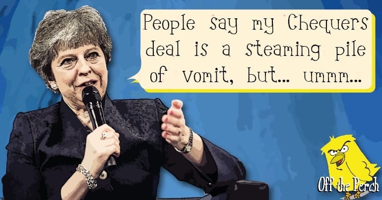 Theresa May saying: 'People say my Chequers deal is a steaming pile of vomit, but... umm..."