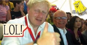 A drunk-looking Boris Johnson giving a thumbs up with Rupert Murdoch