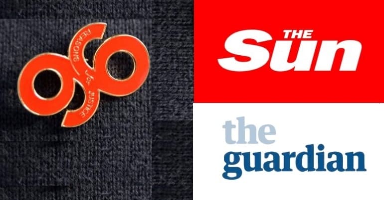 Justice for 96 badge, Guardian and Sun logos