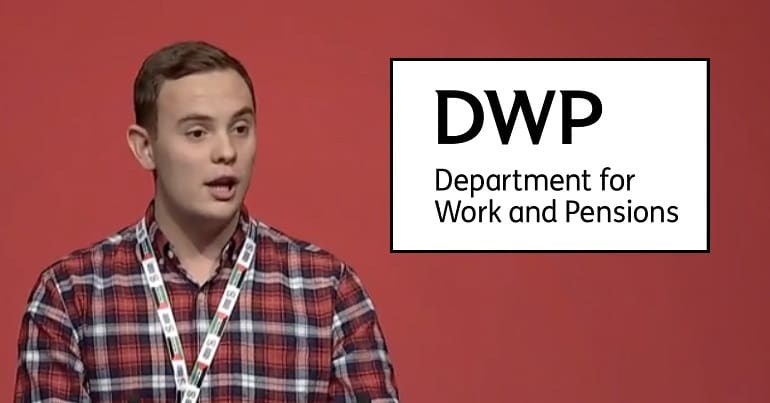 A Labour member and the DWP logo
