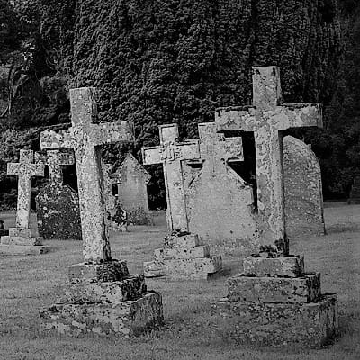 A black and white graveyard and the DWP logo