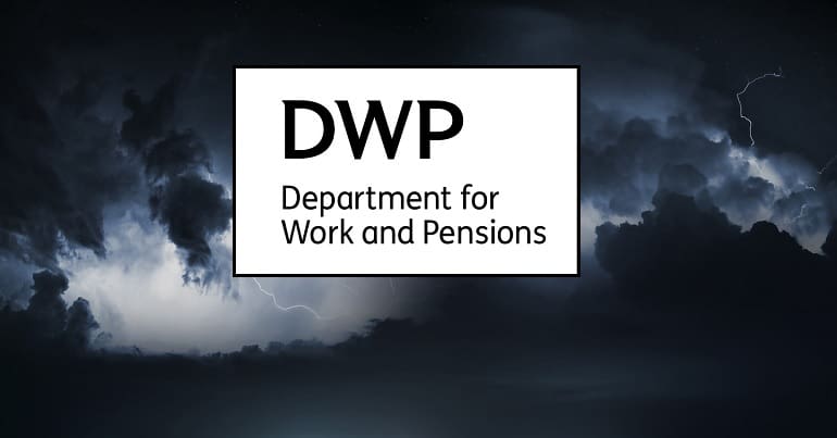 A storm and the DWP logo