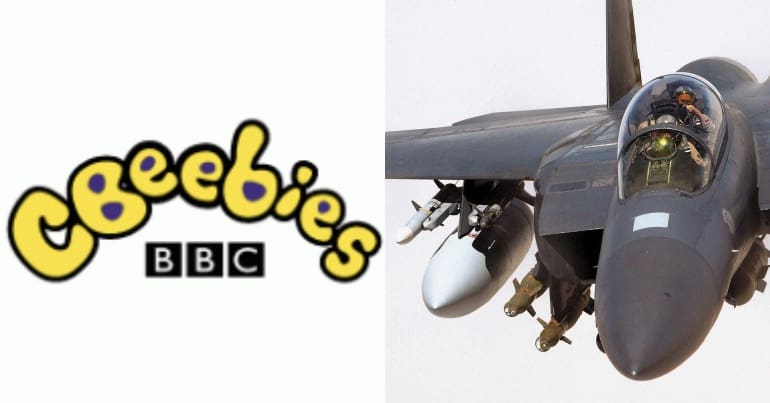 CBeebies logo and a UK fighter plane