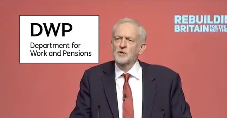 Jeremy Corbyn and DWP logo