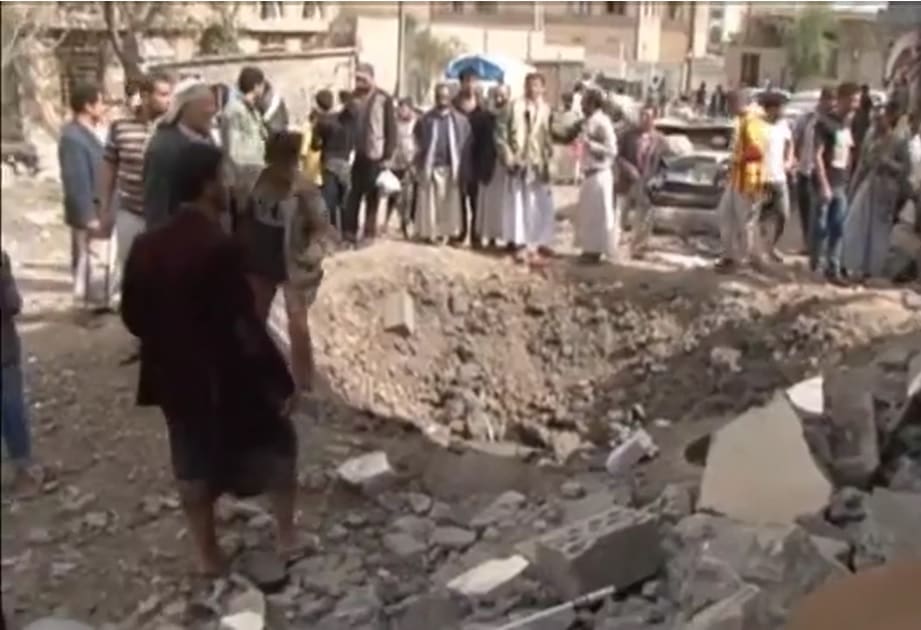 Crater following coalition airstrikes on Yemen on 27 March 2015