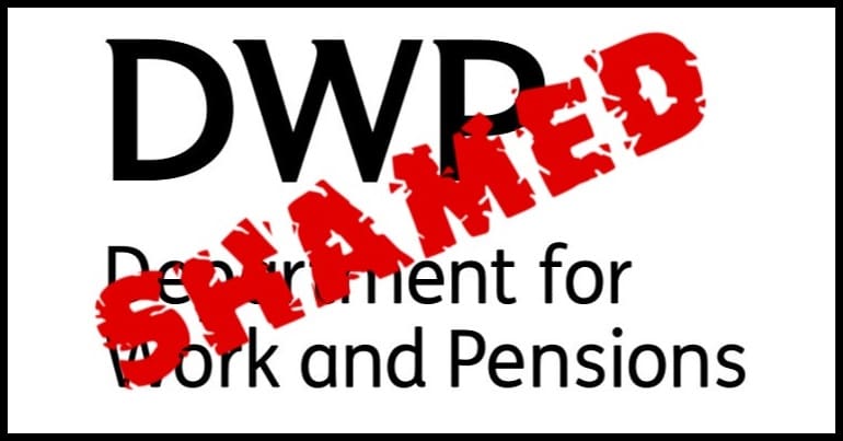 The DWP logo with the word 'shamed' over it