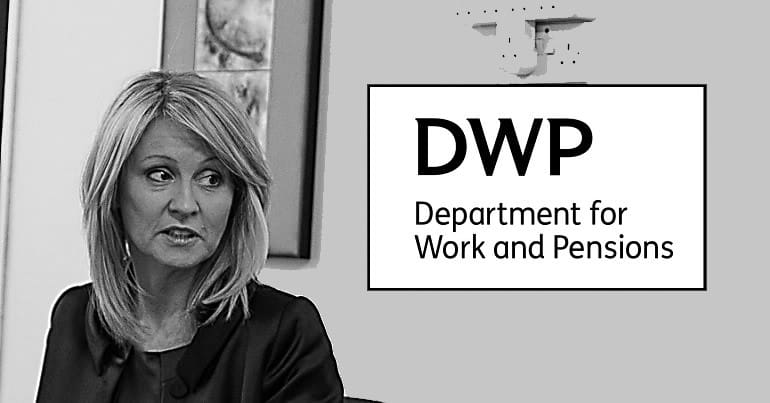 Esther McVey and the DWP logo