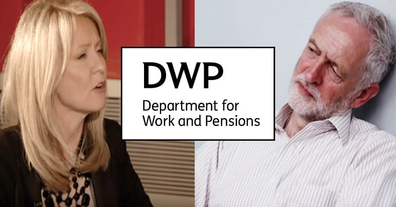 Esther McVey and Jeremy Corbyn and the DWP logo