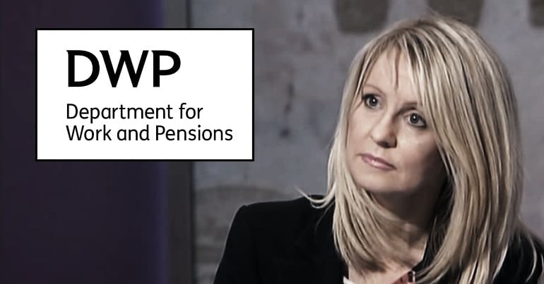 Esther McVey and the DWP logo