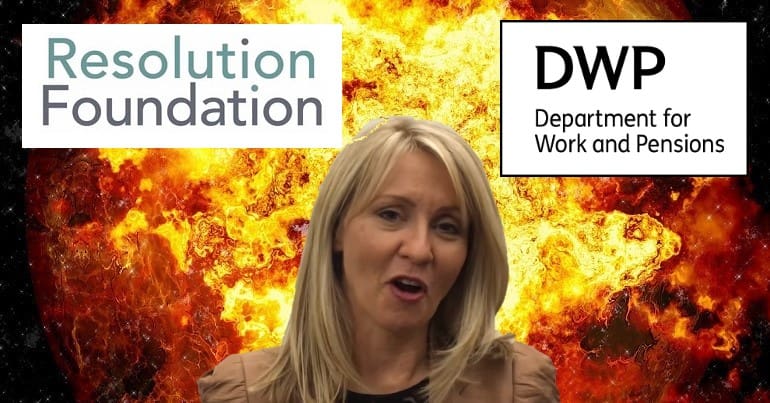 The DWP and Resolution Foundation logos and Esther McVey in front of an explosion