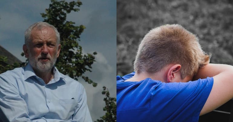Jeremy Corbyn and a child with head slumped