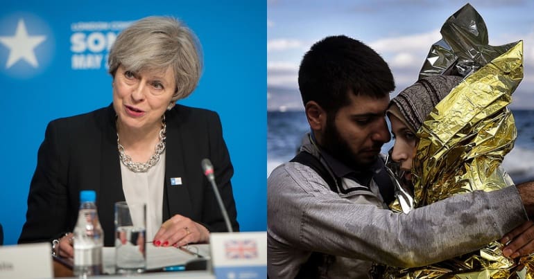 Theresa May and refugees on Lesbos