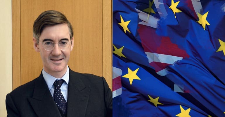 Jacob Rees-Mogg and EU/Union Jack flags in tatters