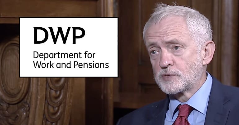 The DWP logo and Jeremy Corbyn