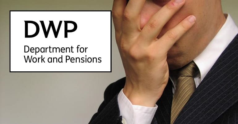 The DWP logo and a man holding his face