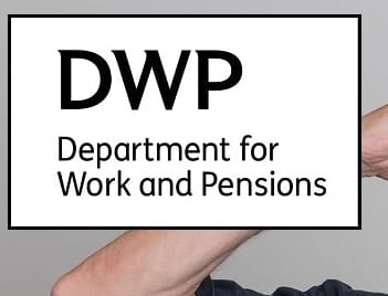 The DWP logo and a man holding his head