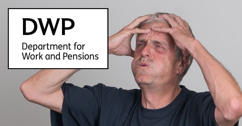 The DWP logo and a man holding his head