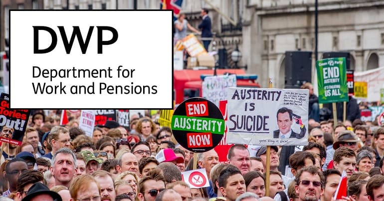 The DWP logo and a protest