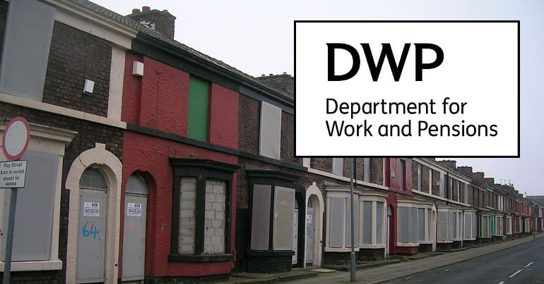 The DWP logo and boarded up homes