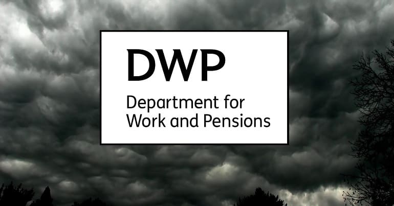 The DWP logo and storm clouds