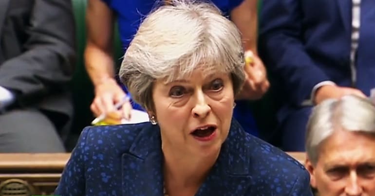 Theresa May at PMQs after which there were angry scenes