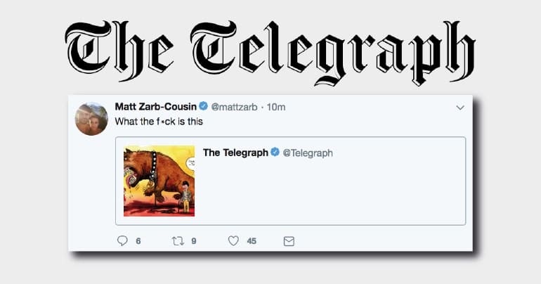 The Telegraph logo - below it is a tweet referring to the cartoon that reads 'What the fuck is this?'