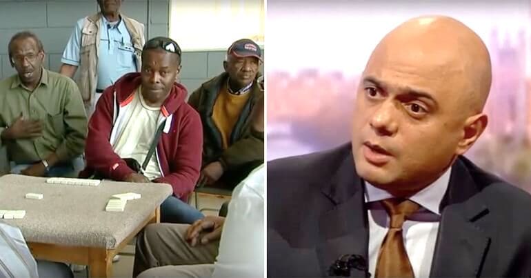 Windrush Veterans (left) Sajid Javid on Andrer Marr show (right)