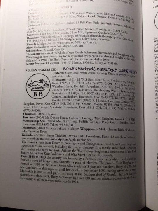 Baily's Hunting Directory 2006/07 showing Bax listed as a joint master.