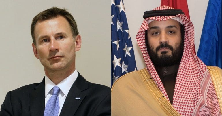 Jeremy Hunt, left; Saudi king Mohammad bin Salman, right