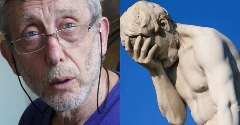 Michael Rosen and face palm statue