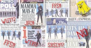 The front pages for Thursday 5 October - all showing May dancing & pointing out her promise to allegedly end austerity