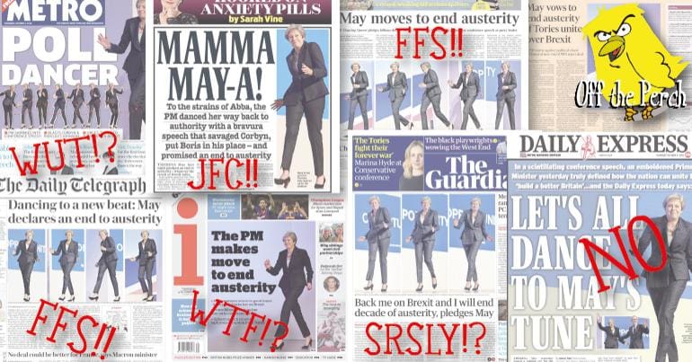 The front pages for Thursday 5 October - all showing May dancing & pointing out her promise to allegedly end austerity
