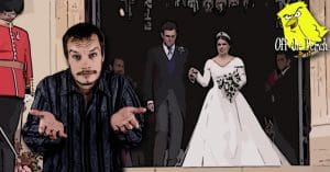 The royal wedding with a man shrugging over the top