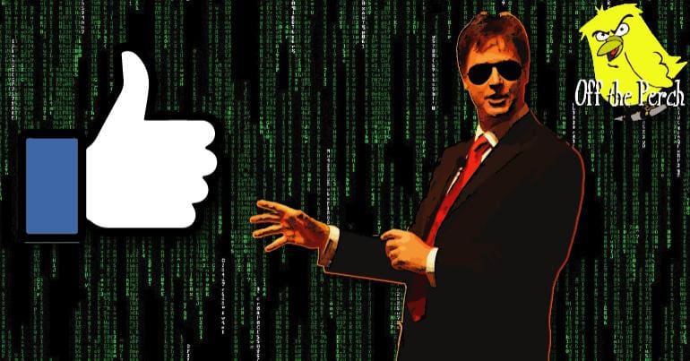 Nick Clegg over a coding/Matrix background and the Facebook thumbs up