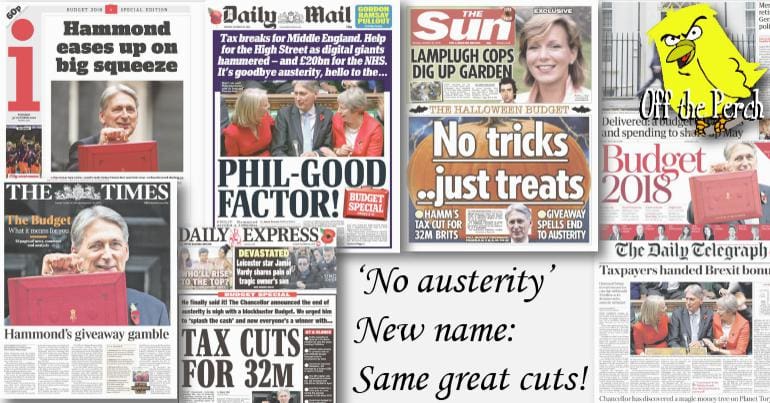 Today's newspapers with the message 'No austerity. New name: same great cuts'