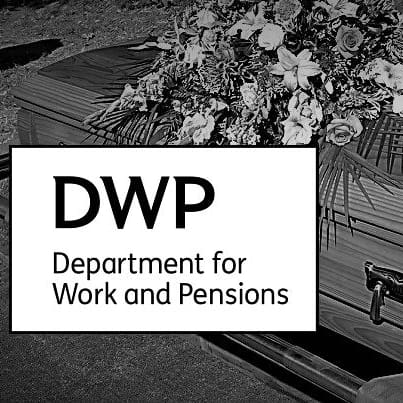 A coffin and the DWP logo
